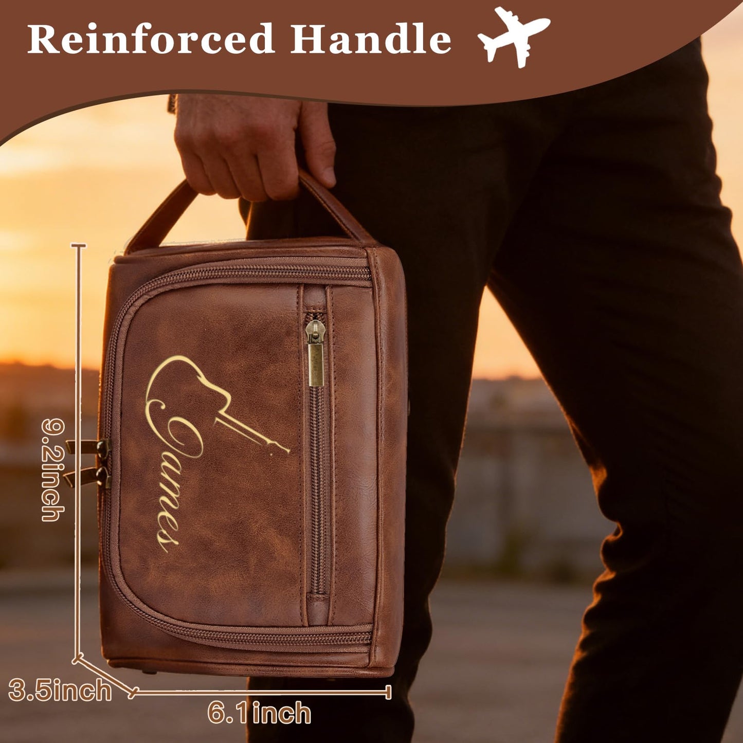 Aganmi Personalized Gifts for Men Toiletry Bag, Custom Waterproof Travel Toiletry Bag with Laser Engraved Name, PU Leather Dopp Kit for Groomsmen Fathers Day Birthday Gifts Reddish Brown