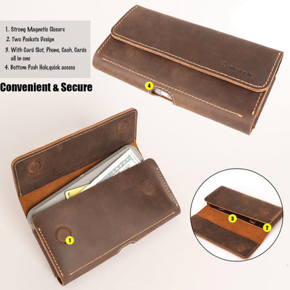Gentlestache Leather Phone Holster for iPhone 15 Pro Max & Galaxy S24 Ultra - Two Pocket Phone Pouch with Thick Case, Dark Brown