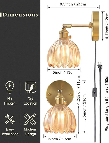 Plug in and Hardwired Wall Sconces, Luxury Vintage Tulip Crystal Glass Shade Wall Light with Switch for Bedside Bedroom Living Room (Tulip-Amber, 1)