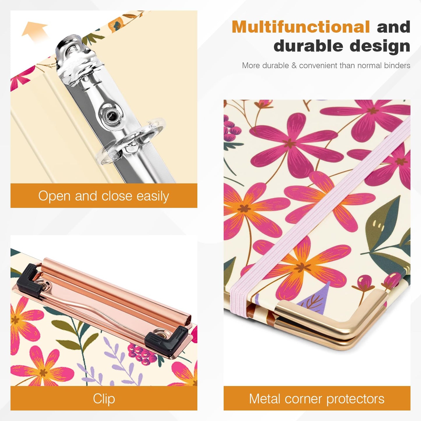 Ospelelf 3 Ring Binder, 1/2 Inch, Cute Floral Binder for Letter Size (11" x 8.5") with 5 Tab Dividers, File Folder Labels and Low Profile Clipboards