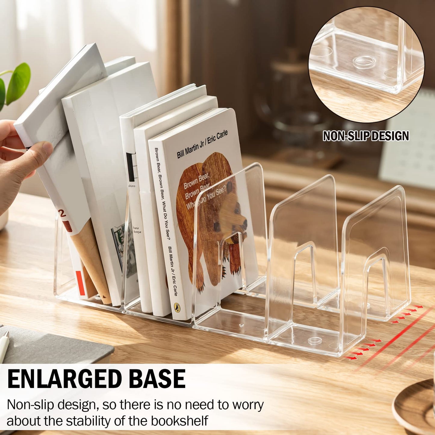 Lunmore Clear Desktop Book Organizer, Creative Book Stand, Divider Bookshelf for Home School and Office, Non-Acrylic Stand Bookshelves (4 Sections), Transparent, Pack of 2