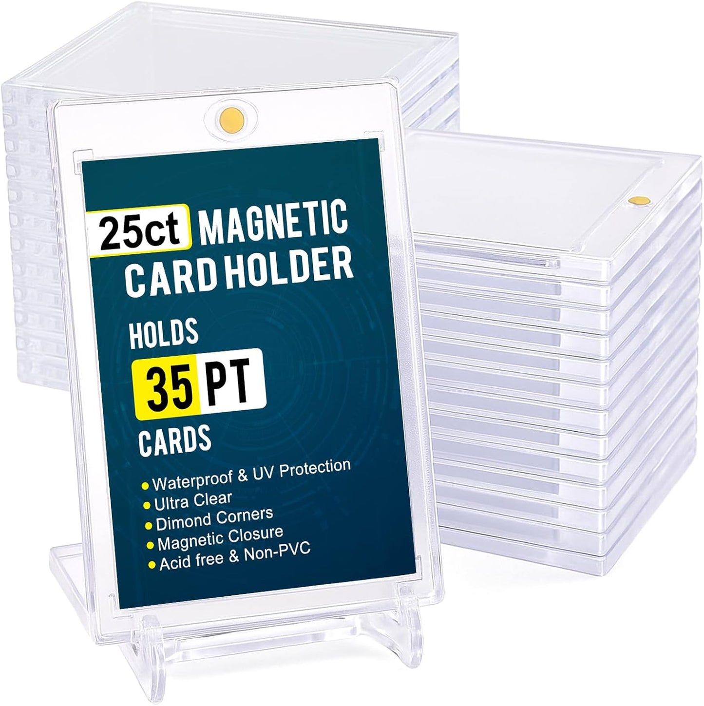 GEAoffice 25pc Magnetic Card Holder for Trading Cards with Dispaly Stands, 35pt UV Protection Ultra Clear Baseball Card Holder Protectors for Sports & Game Cards, Hard Plastic
