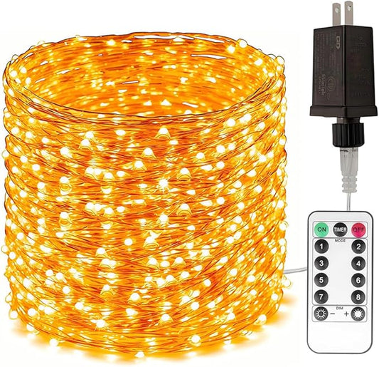 100Ft Warm White Plug in Fairy Lights 300 LED Waterproof Twinkle Copper Wire String Lights with Remote for Christmas Tree Bedroom Porch Patio Garden Wedding Party