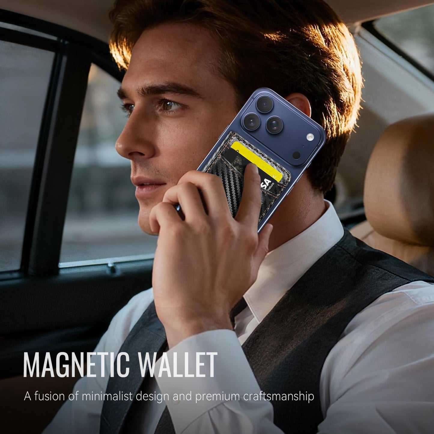 Strapurs Strong Magnetic Wallet Card Holder Compatible with MagSafe Phones and Cases, Slim PU Leather Phone Wallet with 6 Card Slots RFID Blocking for iPhone 16/15/14/13/12 Series – Carbon Black