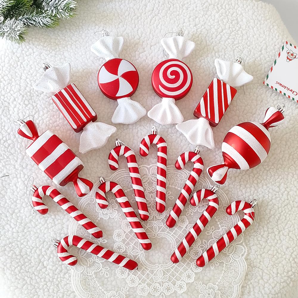 14 Pcs Christmas Candy Ornament Set Christmas Tree Lollipop Candy Crutch Candy Cane Pattern for Xmas Crafts Indoor Outdoor Home Decorations