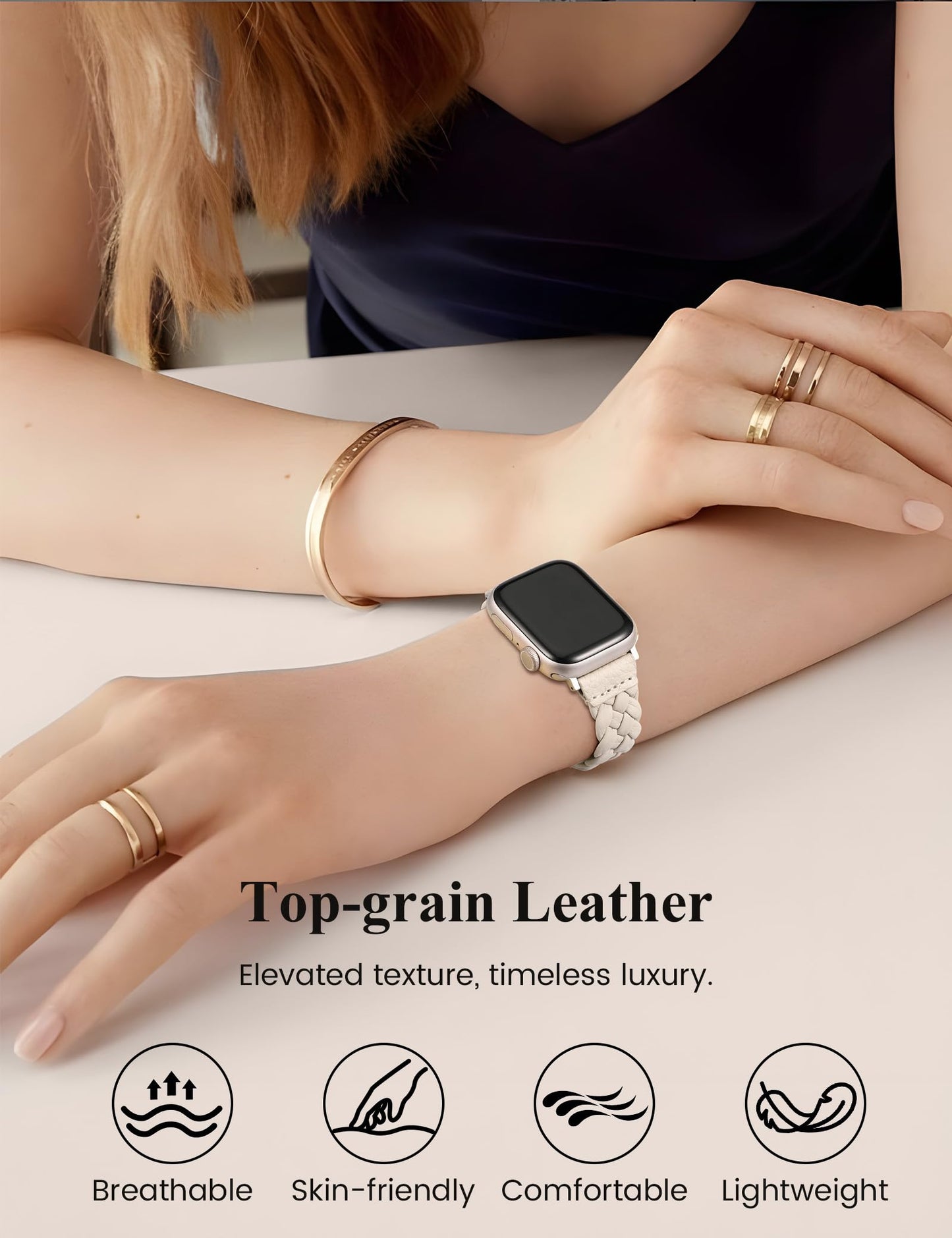 TOYOUTHS Braided Leather Strap Compatible with Apple Watch Band Women 38/40/41/42mm Soft Thin Leather Cute Dressy Designer Handwoven Bracelet for iWatch Series 11 10 9 8 7 6 5 4 SE 3 2 1, Starlight