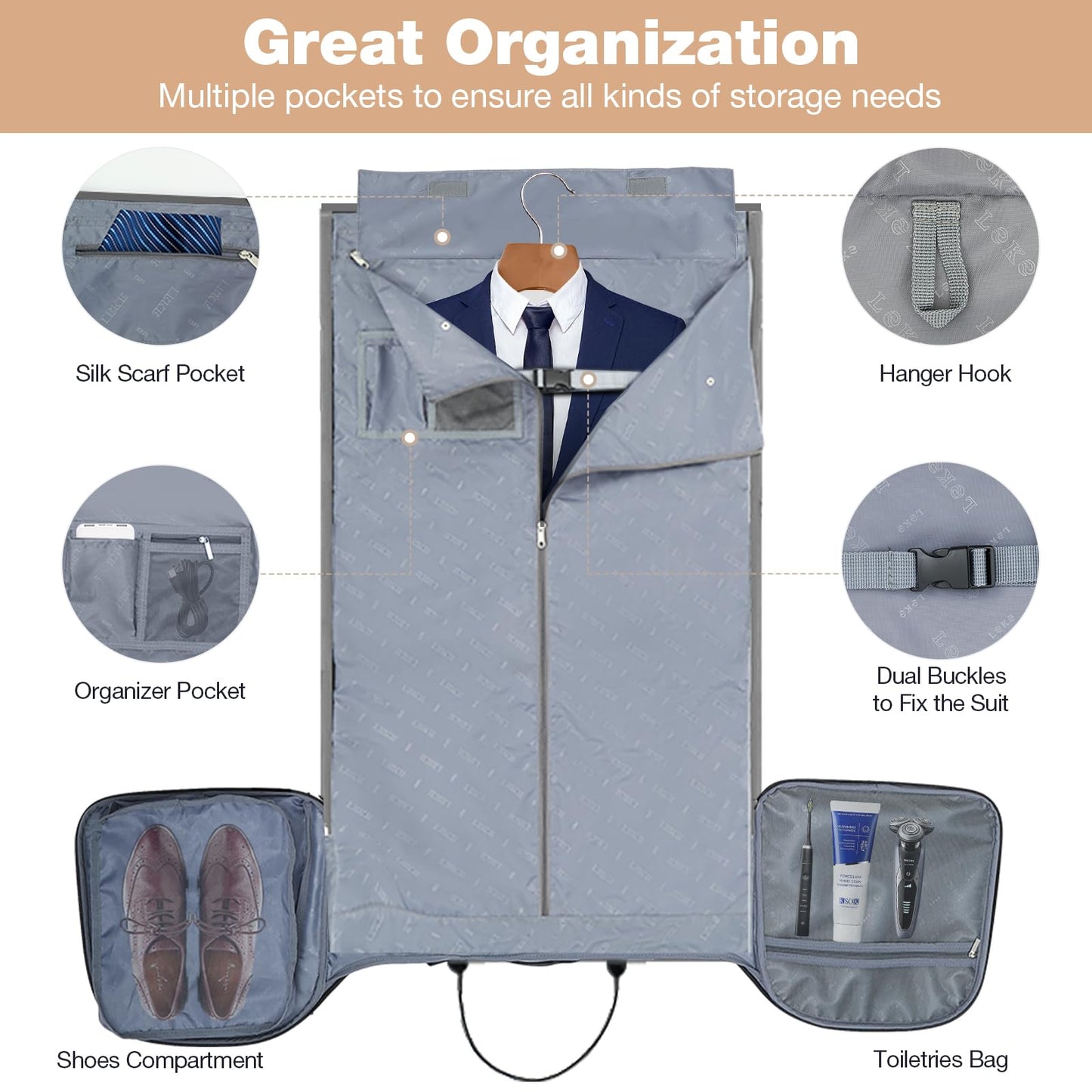 LekeSpring Garment Bags with Wheels, Garment Convertible Weekender Bags, Large Garment Bags for Travel, Duffle Luggage Bag Garment Bag (Grey, Medium)