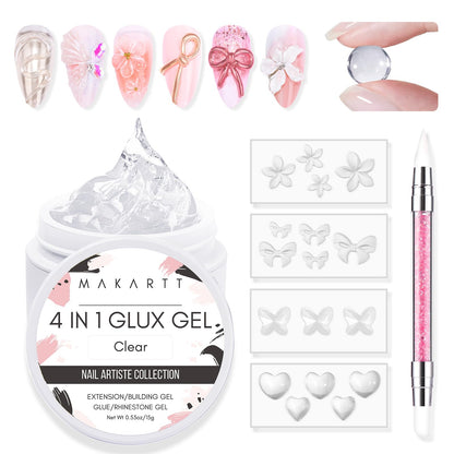 Makartt Solid Gel Builder Mini Kit for 3D Gel Nail Art - 15ML 4 in 1 Nail Extension Gel, 4pcs Silicone Molds, 1 Sculpting Brush, UV Glue for Acrylic Nails Rhinestones Gel Molding Manicure Hard Gel Kit
