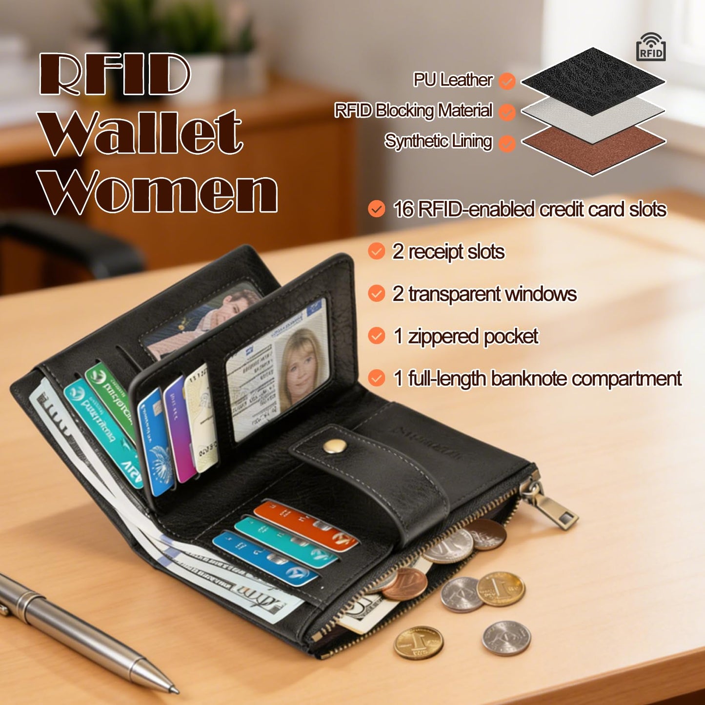 NAWHAOA Womens Wallet Small Leather RFID Blocking Tri-Fold Large Capacity Compact Card Holder With Zipper Coin Pocket 2 ID Window (Black)