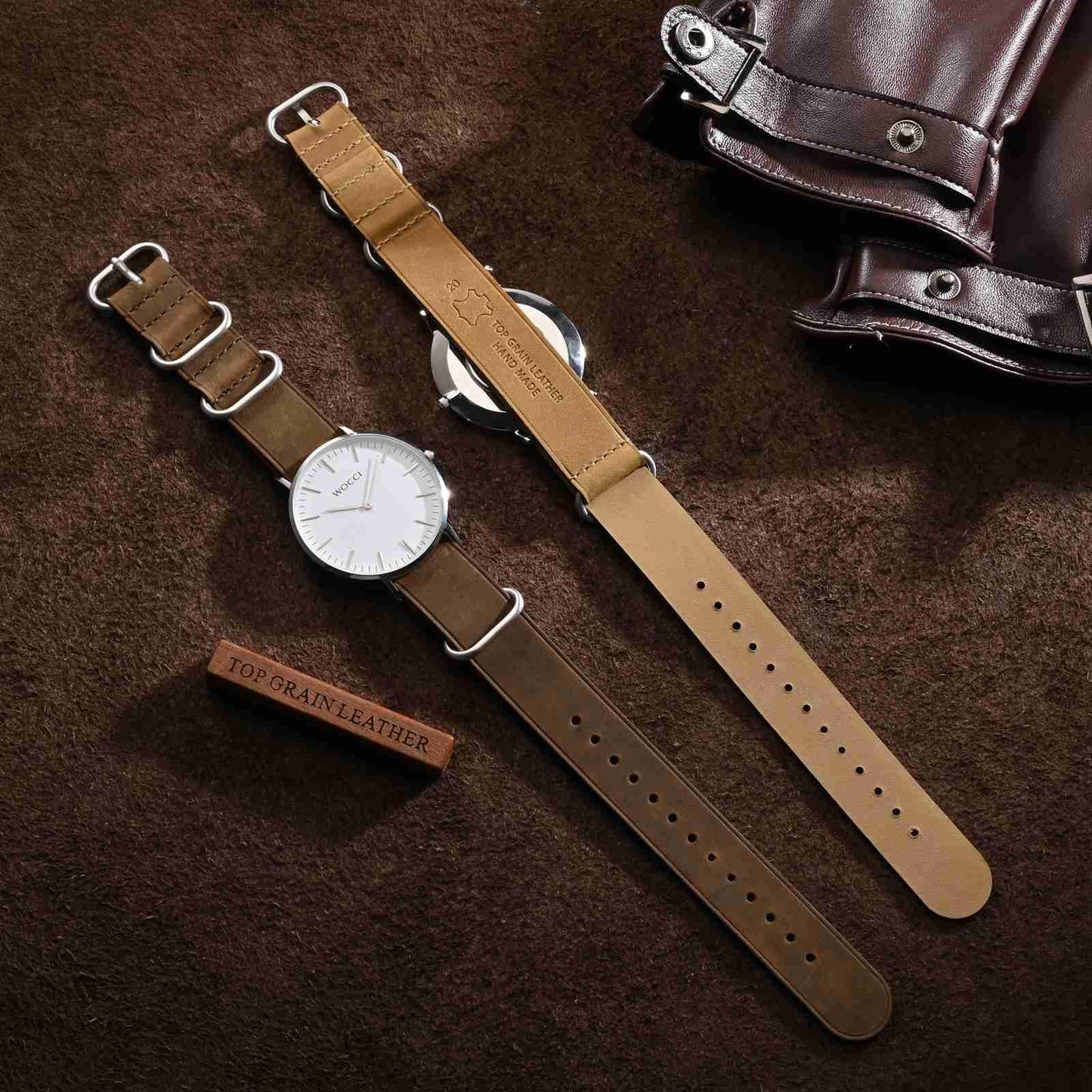 WOCCI 20mm One-piece Watch Band for Men, Top Grain Leather, Brushed Hardware (Retro Brown)