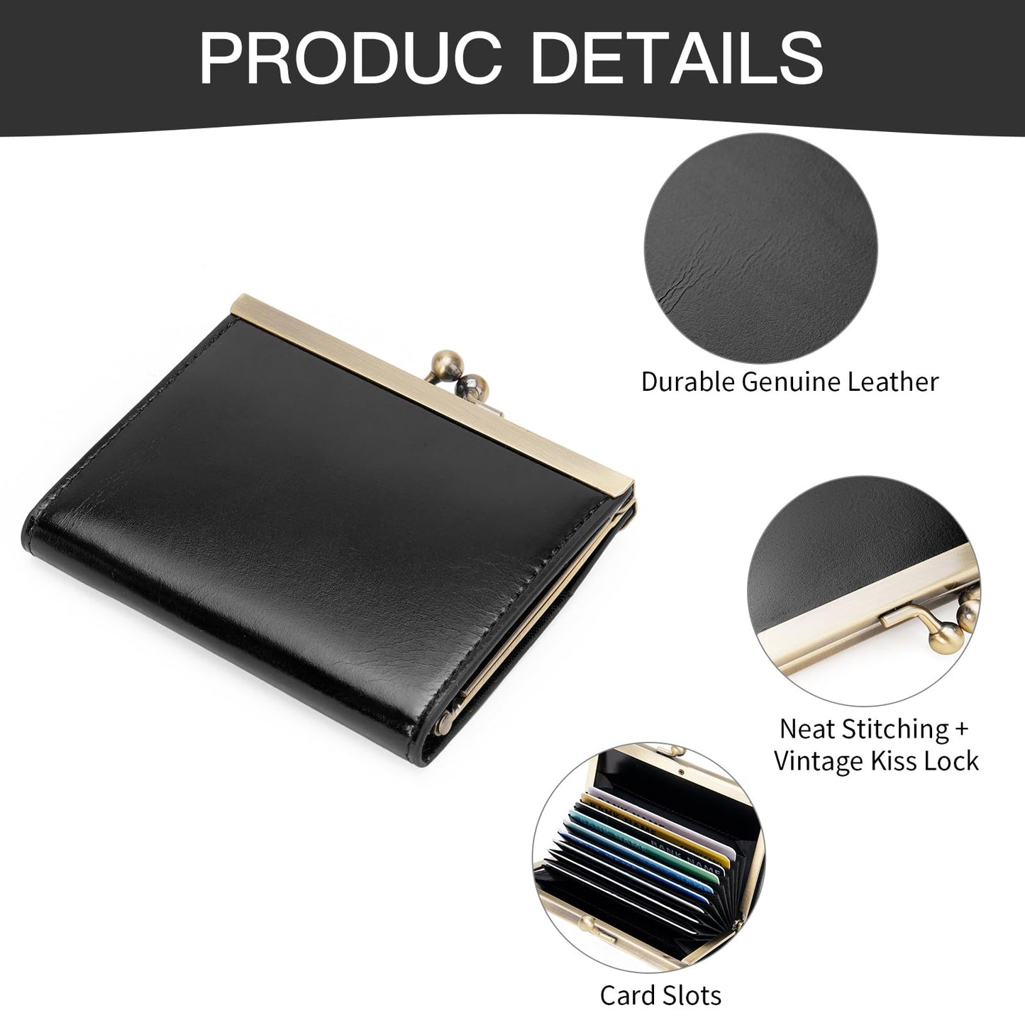 GOIACII Credit Card Holder Vintage Wallet for Women Genuine Leather Ladies Card Cases with Kiss Lock Small Black