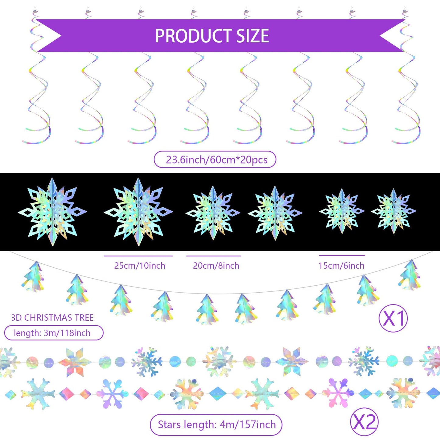 Iridescent Holographic Party Decorations, 29Pcs, Rainbow Swirl Streamers, Snowflake Garland, Christmas Tree Decor, Winter Wonderland Weddings, Disco Parties, Holiday Gatherings (29-Piece/Rainbow)