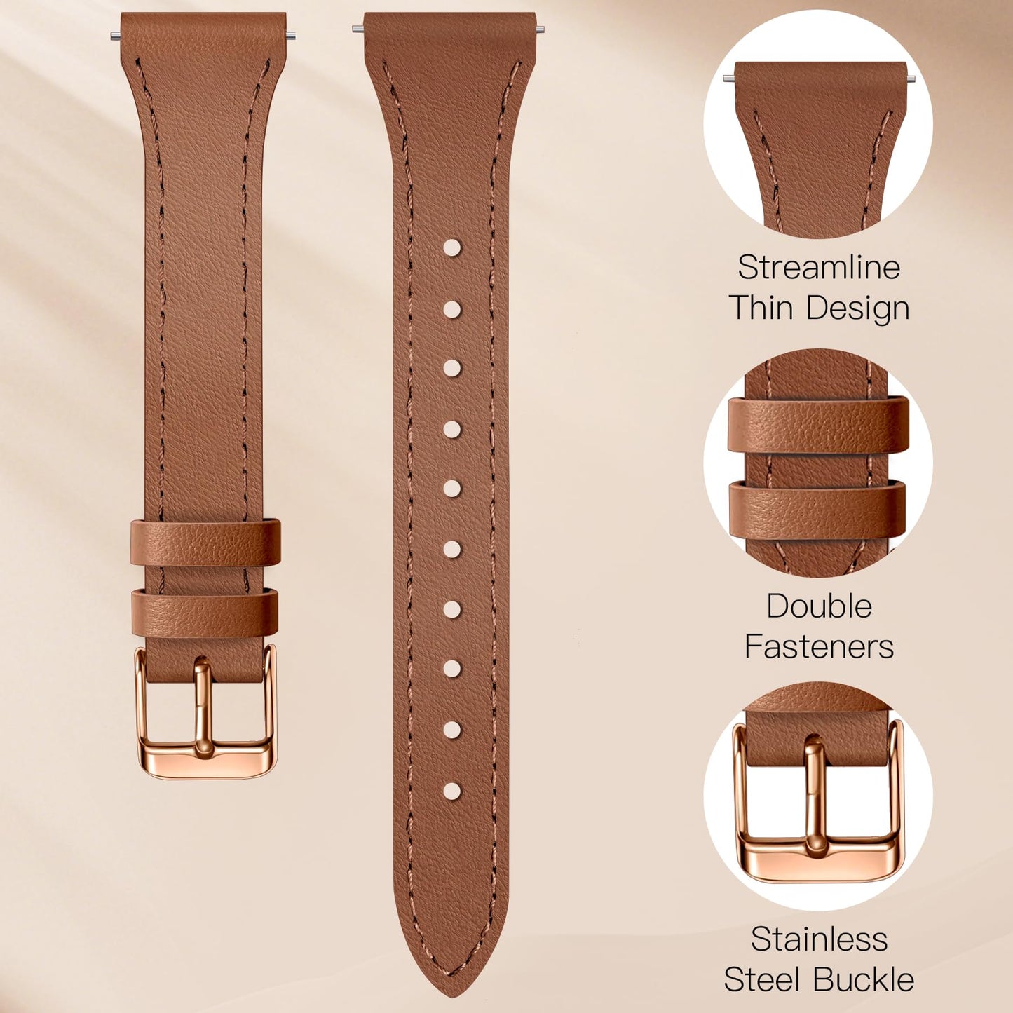 JR.DM 2 Pack Slim Leather Bands Women Compatible with Samsung Galaxy Watch 7/6/5/4/Active 2/4 Classic/6 Classic/5 Pro/FE 40mm 42mm 43mm 44mm 45mm 46mm 47mm, Top Leather Soft Watch Thin Straps，20mm