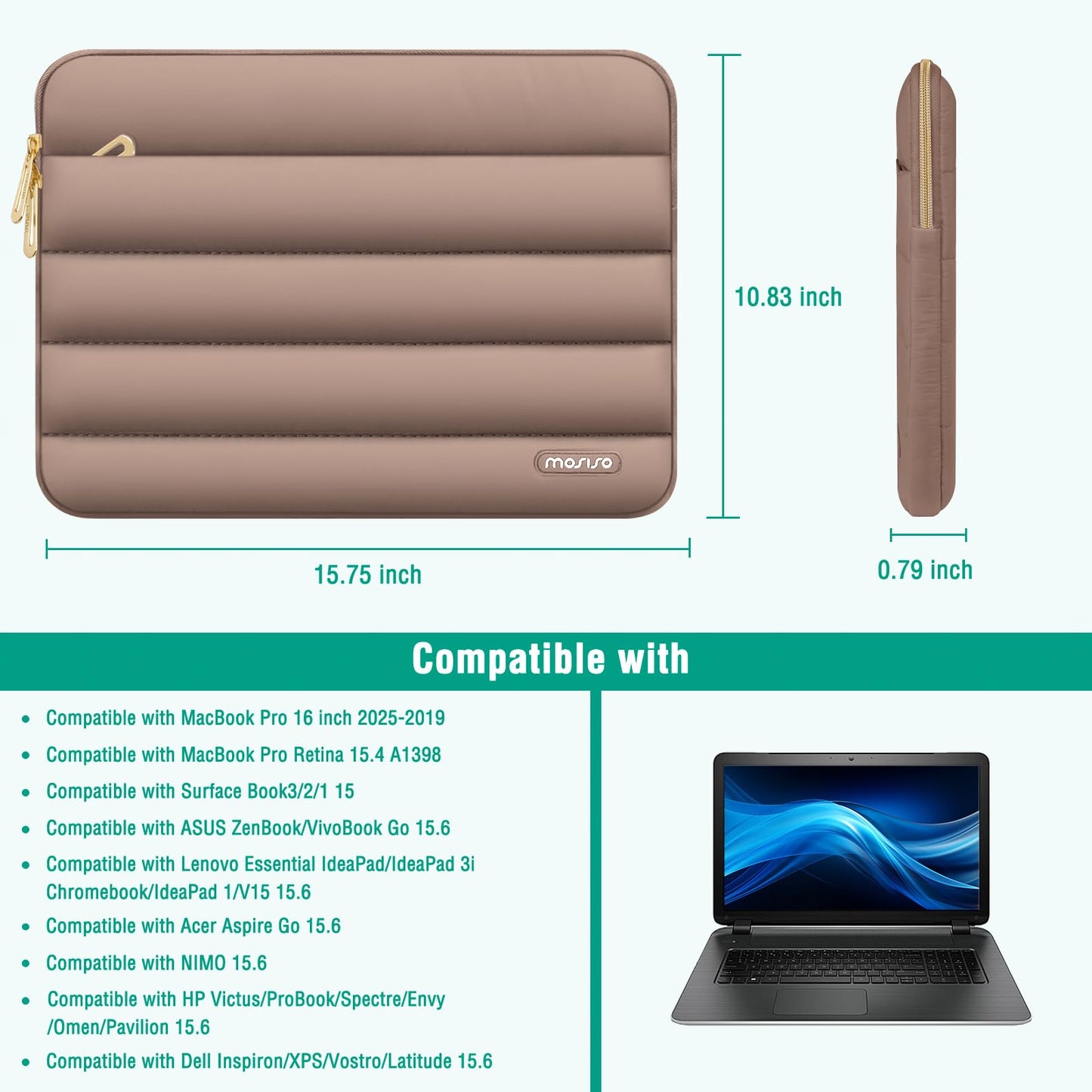 MOSISO Laptop Case 16 inch, 15-15.6 inch Puffy Laptop Sleeve Compatible with MacBook Pro 16 M5 M4 M3 M2 M1, HP Dell ASUS Acer Toshiba Lenovo, Polyester Horizontal Bag with Small Case, Brown