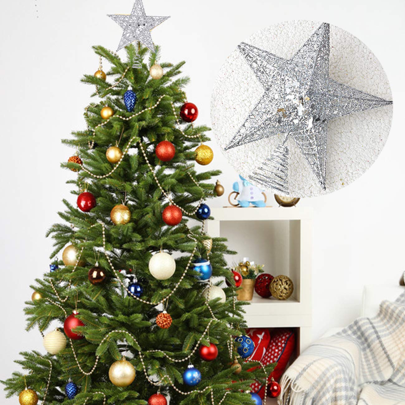 Acronde 10” Christmas Tree Topper Star Christmas Tree Decoration Indoor Party Home Decoration (Silver)