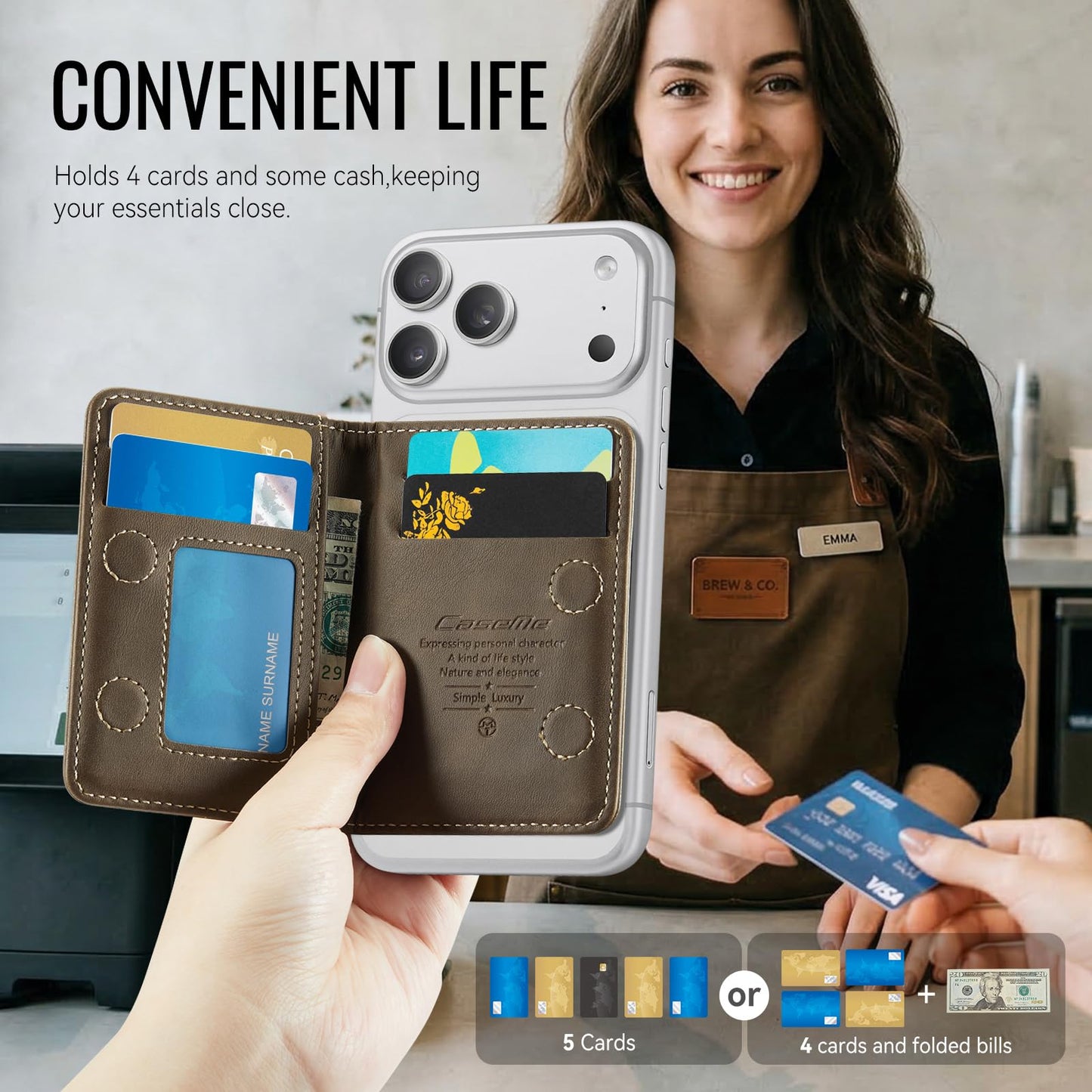 XIMAND Magnetic Wallet Card Holder with RFID Protection, PU Leather Slim Wallet, Strong Magnet Attachment for iPhone 18/17/16/15/14/13/12 Series Pro Max Plus Mini-Brown
