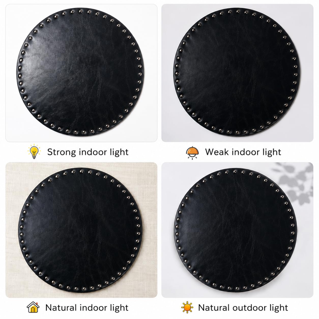 FAVE Black Faux Leather Placemats 13.78Inches Round Placemat Set of 2 Heat Resistant Place Mats for Kitchen Table Wipeable Fall Placemats Table Mats with Rivets High Texture Placemat (Black)