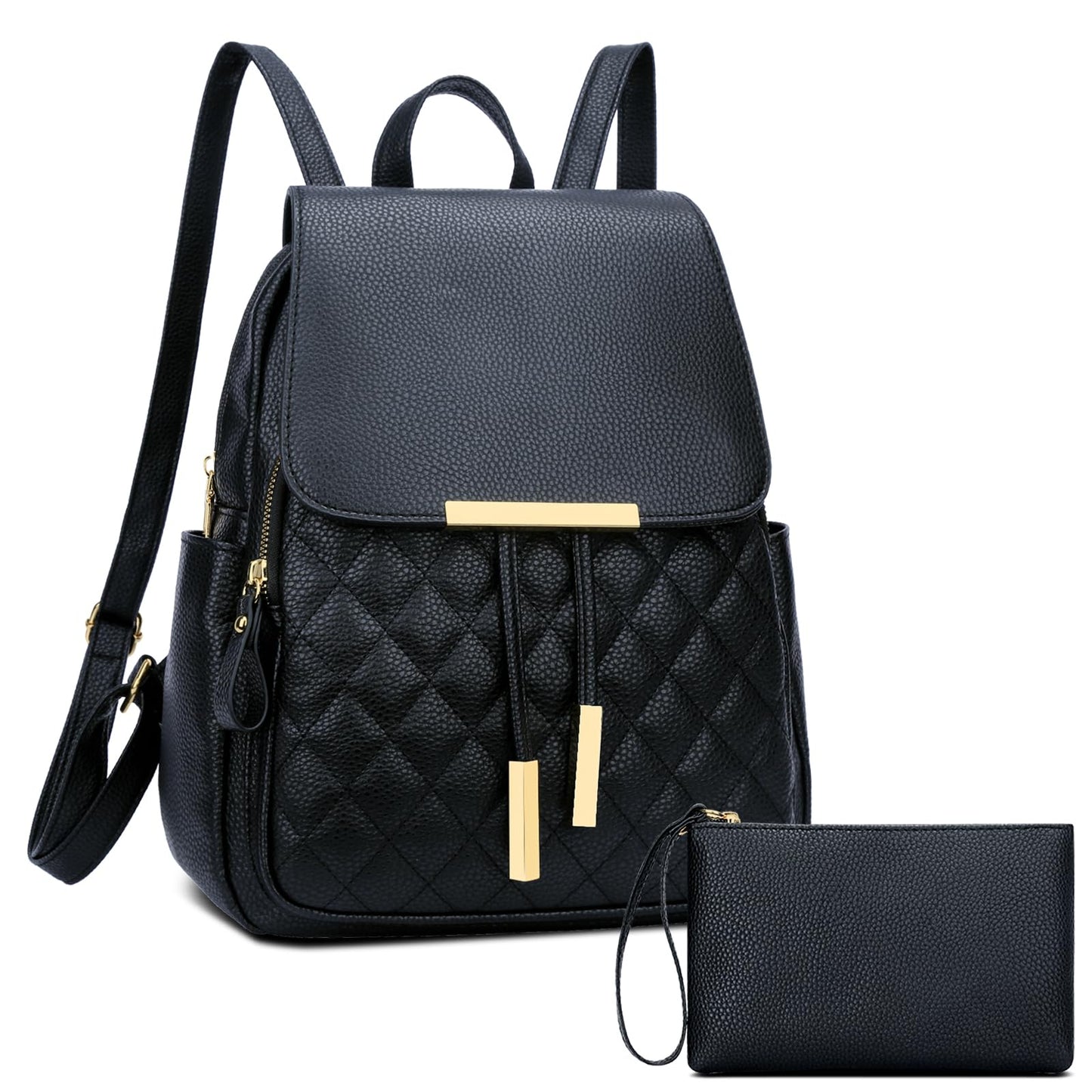 KKXIU Quilted Trendy Leather Backpack Purse for Women and Ladies Shoulder Travel Daypacks Bags with Wristlets(Y-Black)