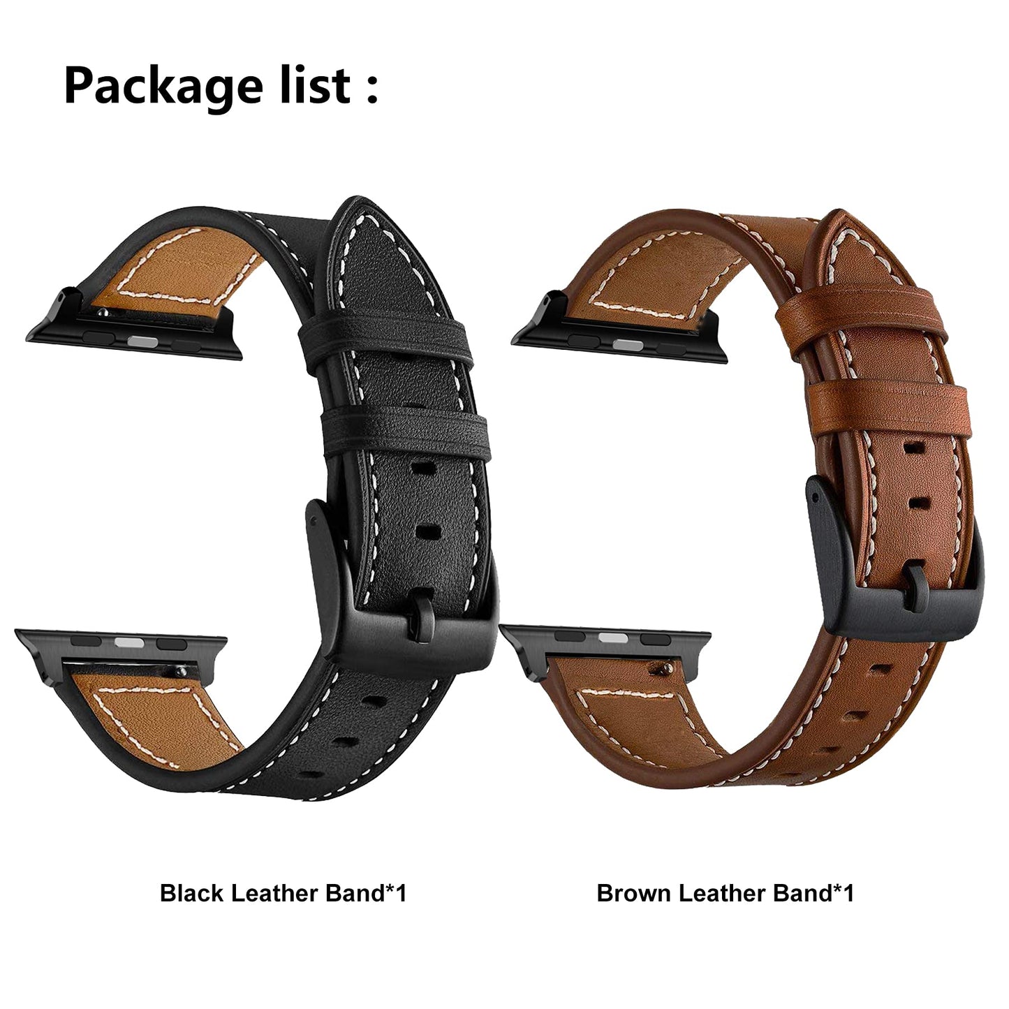LDFAS Compatible for Apple Watch Series 10 Band 46mm, (Large) Leather Watch Strap with Black Buckle Compatible for Apple Watch Ultra 2 49mm, Apple Watch 9/8/7 45mm Bands,Brown+Black (2 Pack) M/L