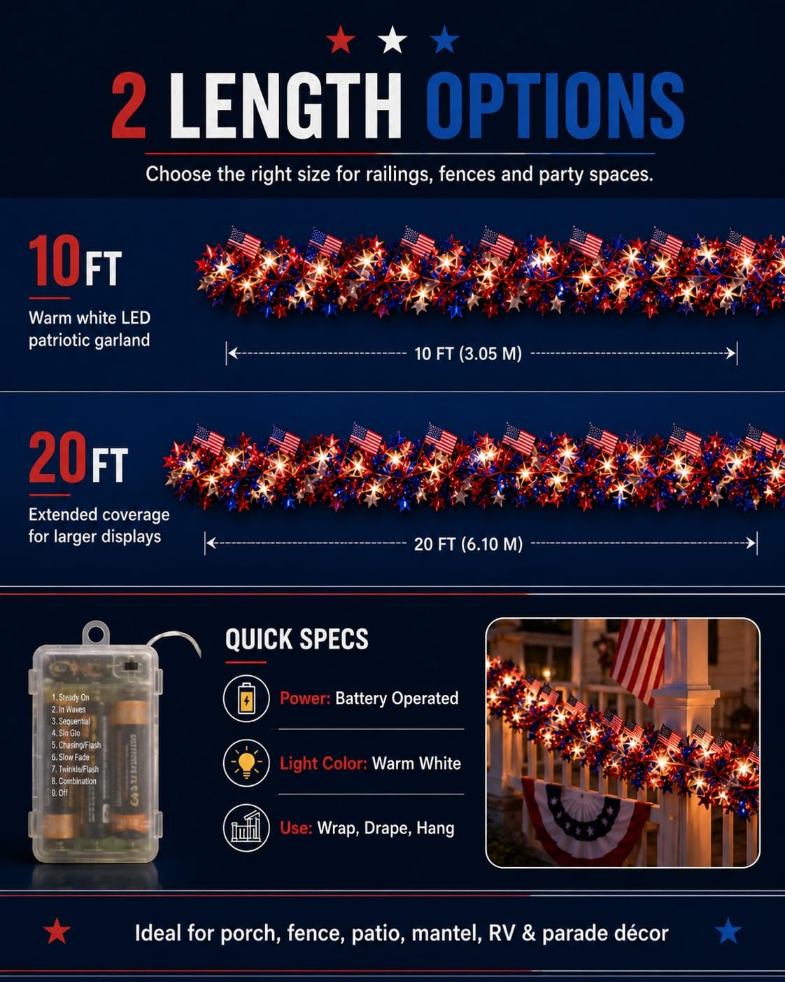 American Flag & Star Red White Blue Fairy Lights, Battery Operated Patriotic Lights with Tinsel Garland, Warm White LED 4th of July Decorations for Memorial Day Independence Day Decor(20 FT,1pc)