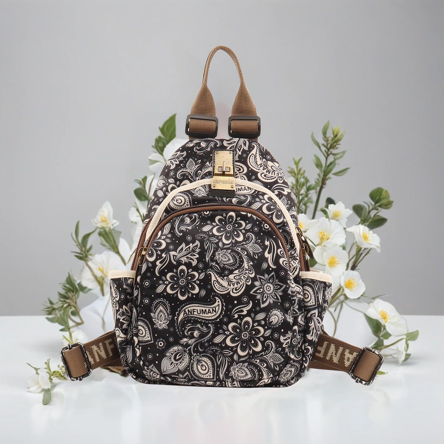 ANFUMAN Small Backpacks Purse for Women Mini Waterproof Colorful Print Leisure Travel Bags (Black Flower)