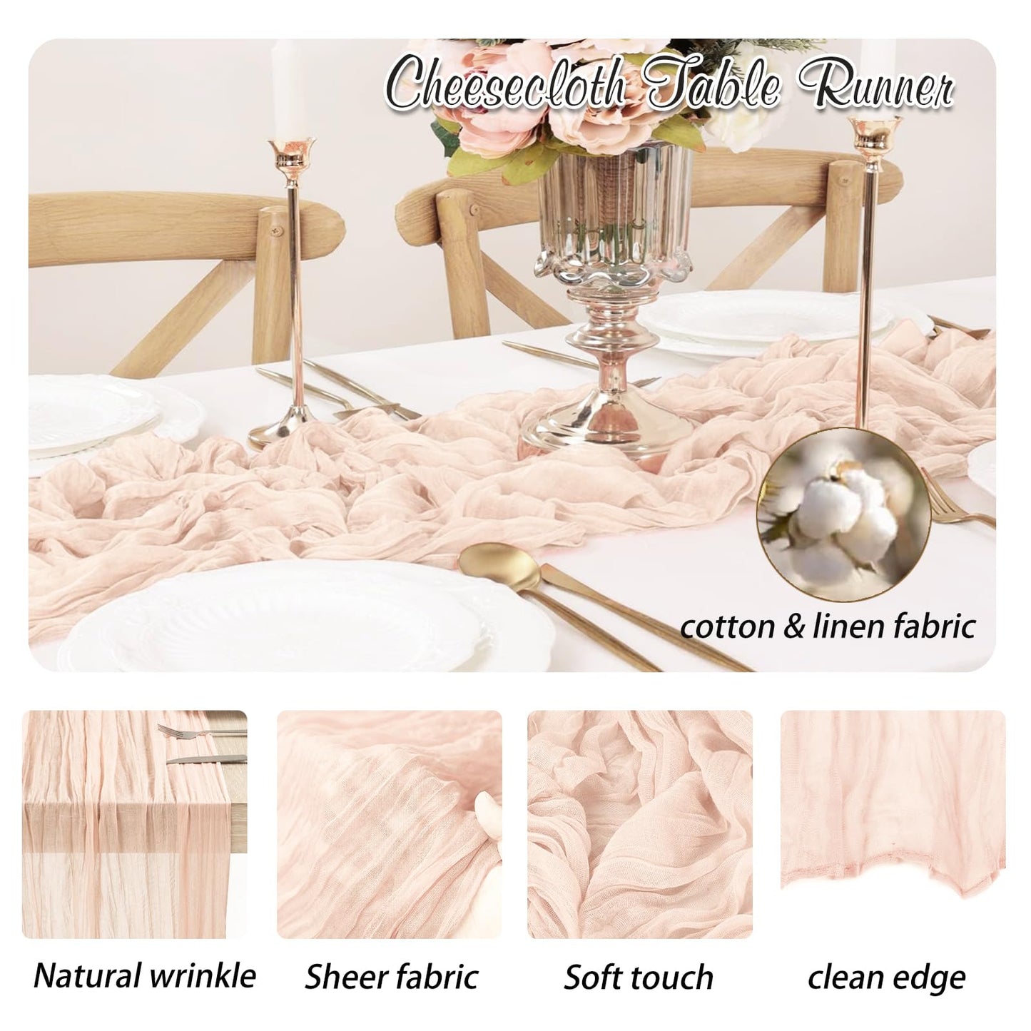 Waligoy Blush Pink Cheesecloth Table Runner 1 Pack 35" Boho Gauze 120 inches Long Runner Rustic Sheer Fabric Bulk for Baby Shower Wedding Bridal Birthday Party Table Decorations