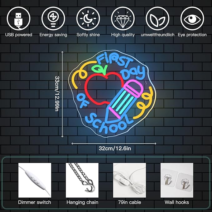 Horseneon First Day of School Neon Sign School Neon Signs for Classroom,Lights for Wall Decorative Colorful LED Wall Decor for Classroom Dorm or Home a Gift for Students and Teachers