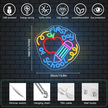Horseneon First Day of School Neon Sign School Neon Signs for Classroom,Lights for Wall Decorative Colorful LED Wall Decor for Classroom Dorm or Home a Gift for Students and Teachers
