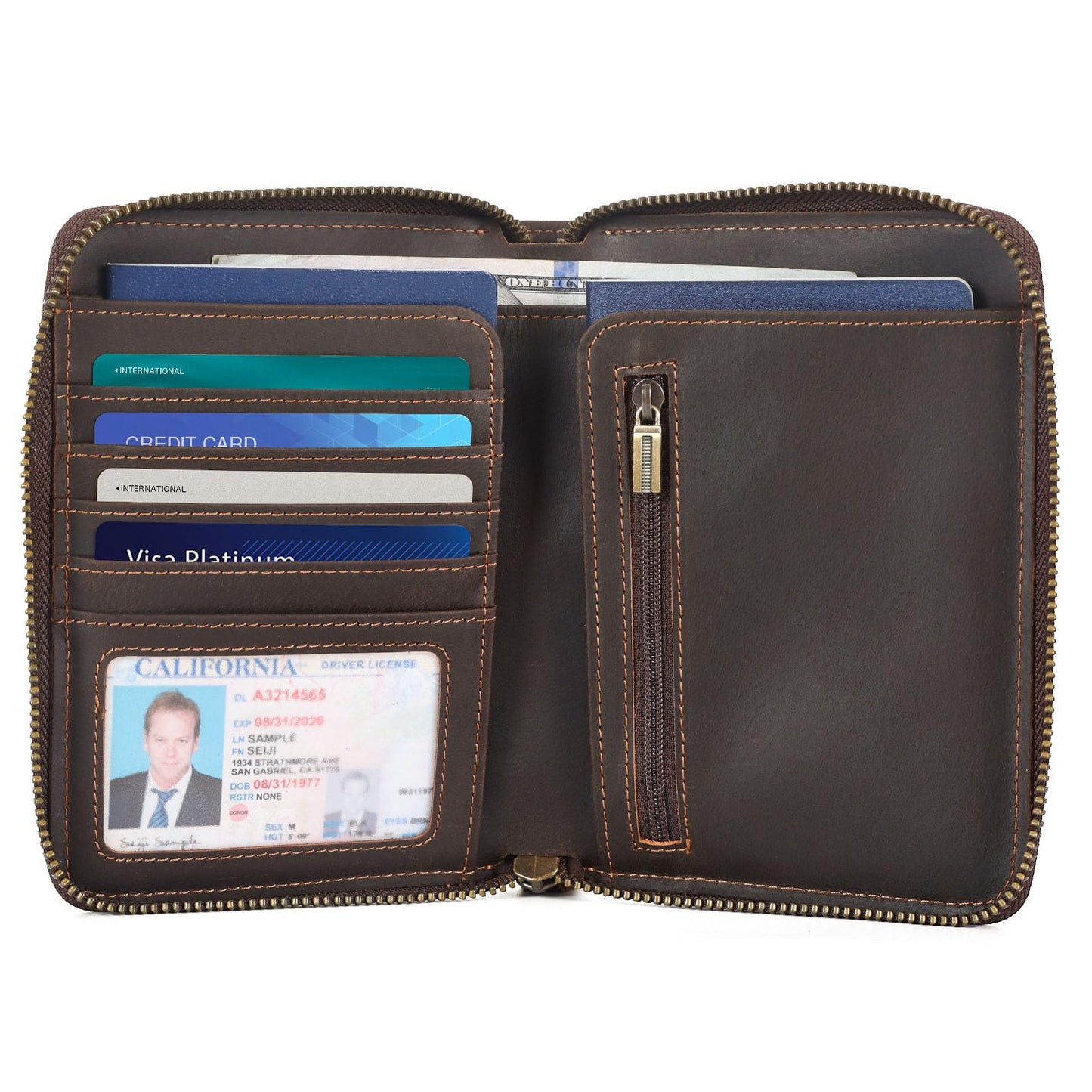 Polare Full Grain Leather Travel Passport Wallet with YKK Zipper and RFID Blocking Document Organizer Holder 2 Passports (Dark Brown)