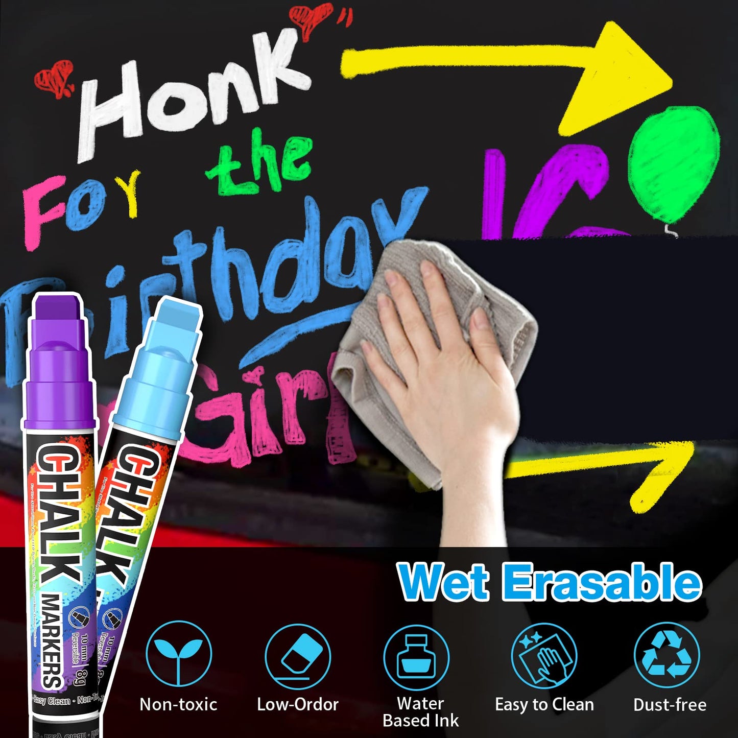 KERIFI Window Markers for Cars Washable, 10mm Jumbo Liquid Chalk Pens for Art Wedding Signs, Just Married Car Decorations, Back to School Graduation Celebration, Glass Mirror Bistro Blackboard Poster
