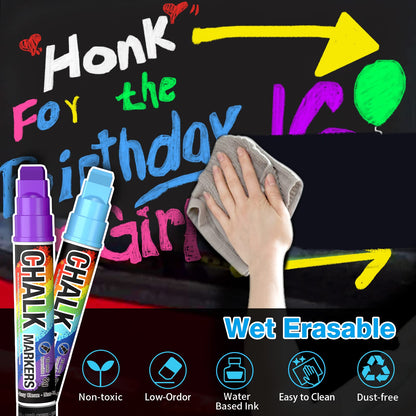 KERIFI Window Markers for Cars Washable, 10mm Jumbo Liquid Chalk Pens for Art Wedding Signs, Just Married Car Decorations, Back to School Graduation Celebration, Glass Mirror Bistro Blackboard Poster