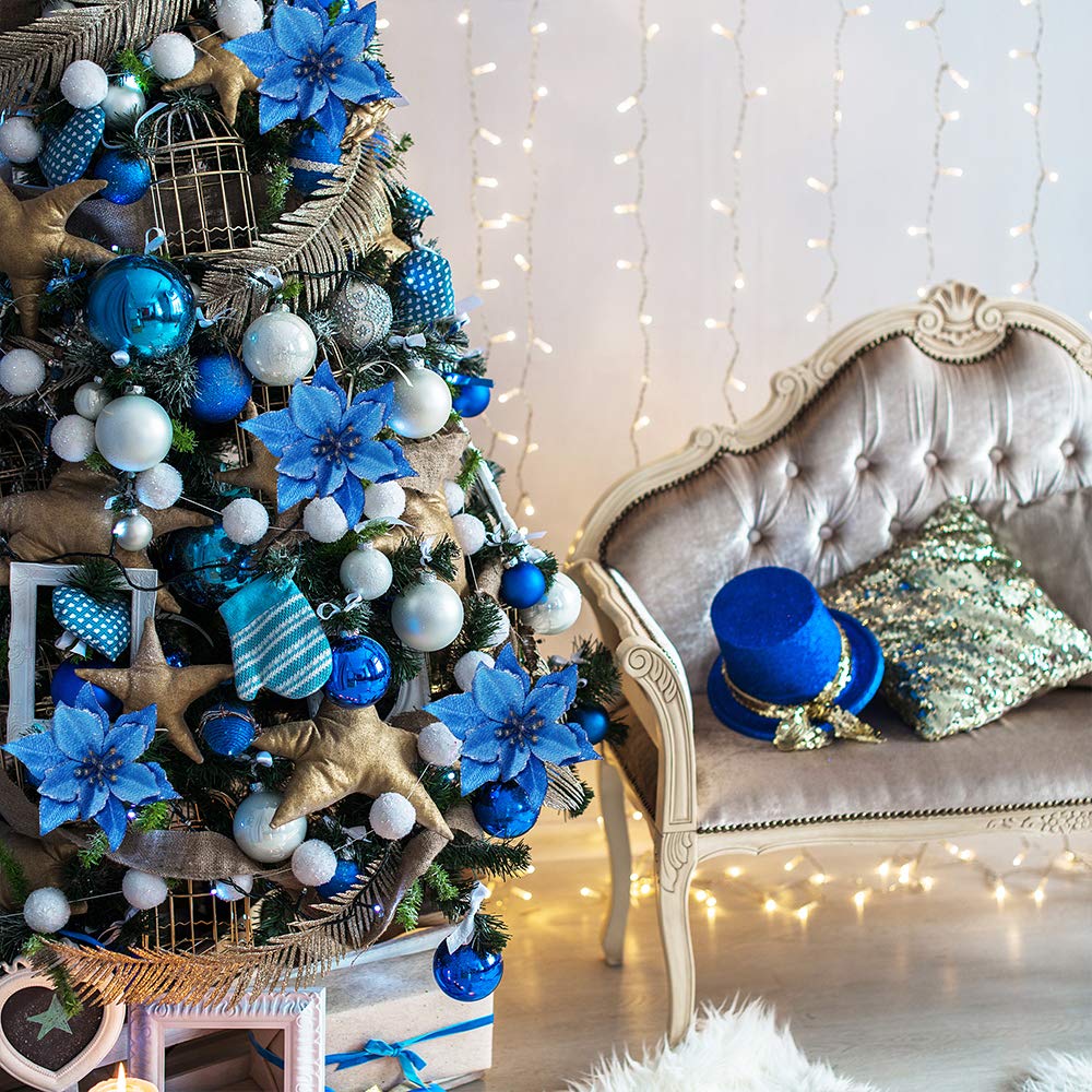 24 Set Christmas Blue Glitter Poinsettia Flowers Picks Christmas Tree Ornaments for Winter Blue Teal Christmas Tree Wreaths Garland Holiday Seasonal Wedding Decorations White Gift Box Included