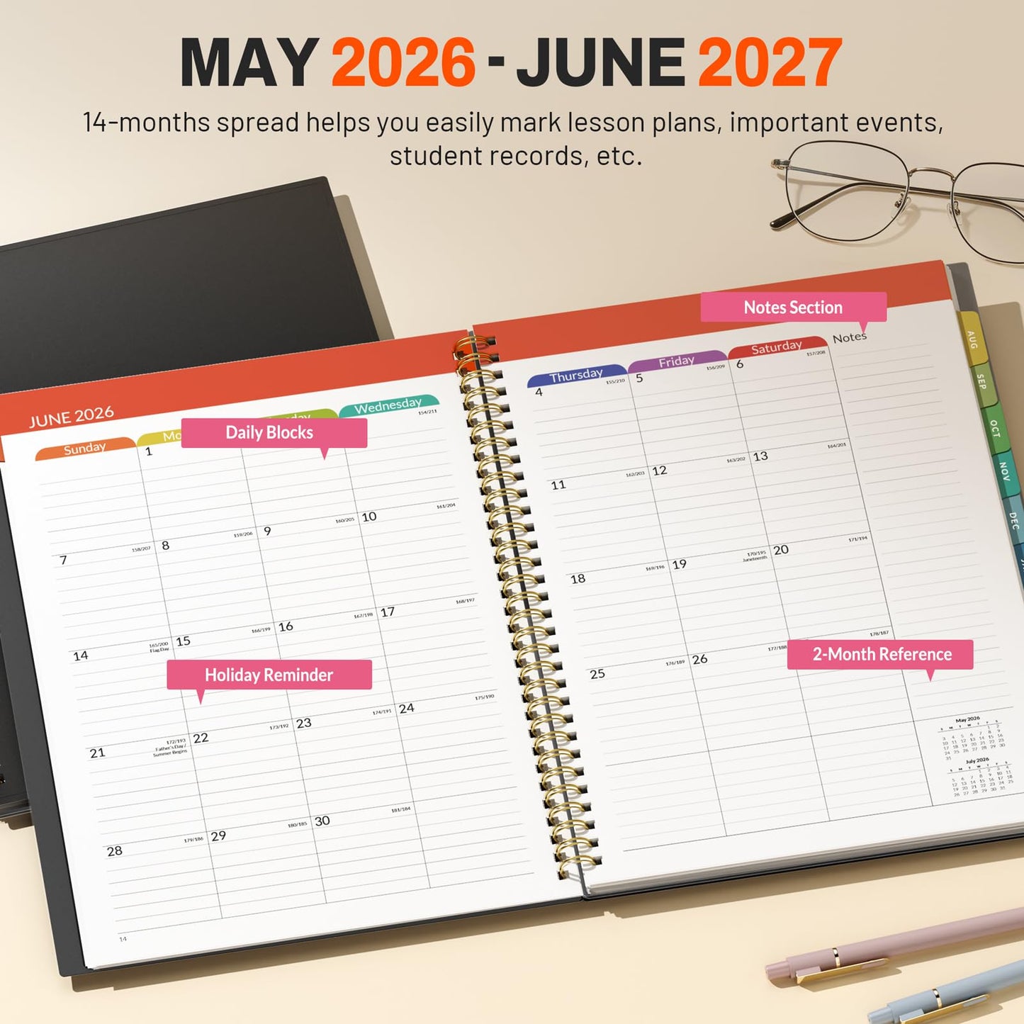 SUNEE Teacher Planner 2026-2027 Academic Year, 7 Periods Lesson Plan Book Jul 2026 - Jun 2027, 8.5"x11" Daily Weekly Monthly Organizers Vertical Layout with Calendars, Bookmark, Waterproof Cover, Black