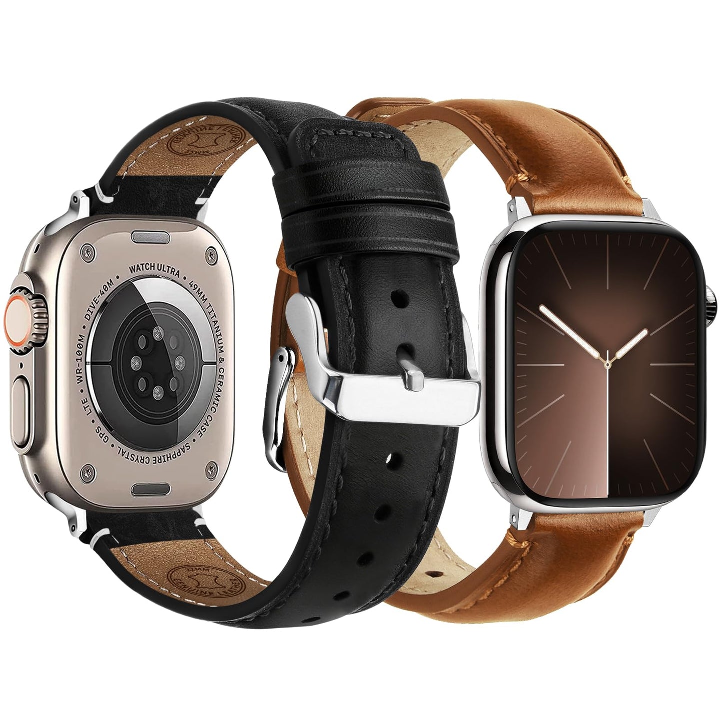 Fullmosa Leather Band Compatible with Apple Watch Bands 49mm 46mm 45mm 44mm 42mm,Top Grain Leather iWatch Straps for Apple Watch Ultra SE Series 11 10 9 8 7 6 5 4 3 2 1,Black+Silver/Brown+Silver