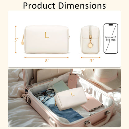 CLOUDWINGS Gifts for Women Bridesmaid Gifts Personalized Initial Makeup Bag PU Leather Cosmetic Waterproof Travel Toiletry Bag (L)