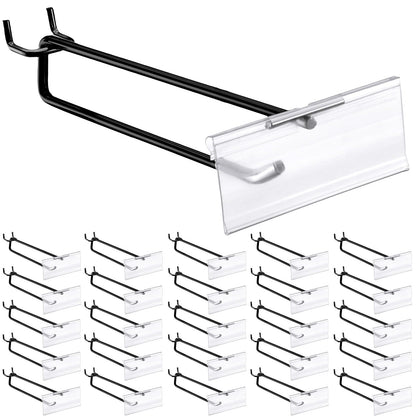 Tandefio 50 Pack 4 Inch Black Metal Peg Board Hooks with Clear Plastic Label Holder Stainless Steel Display Pegboard Hooks for 1/8'' to 1/4'' Pegboard Wall for Garage Storage Retail Shop Supplies