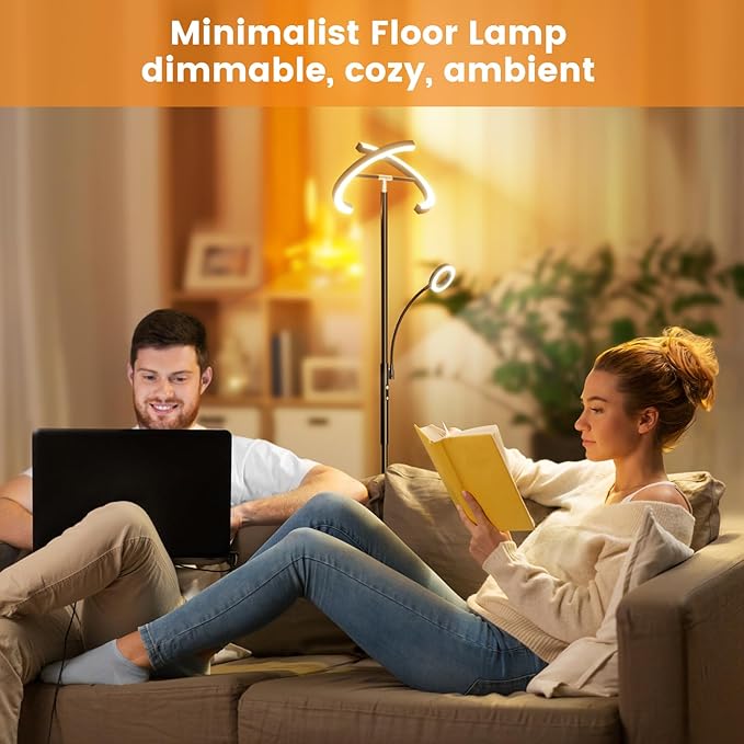 LED Floor Lamp for Living Room - Modern Standing Lamp with Reading Light, Remote Touch Control Floor Light Dimmable Mother-Daughter Tall Bedroom Lamp for Couch Office, 29W, Black