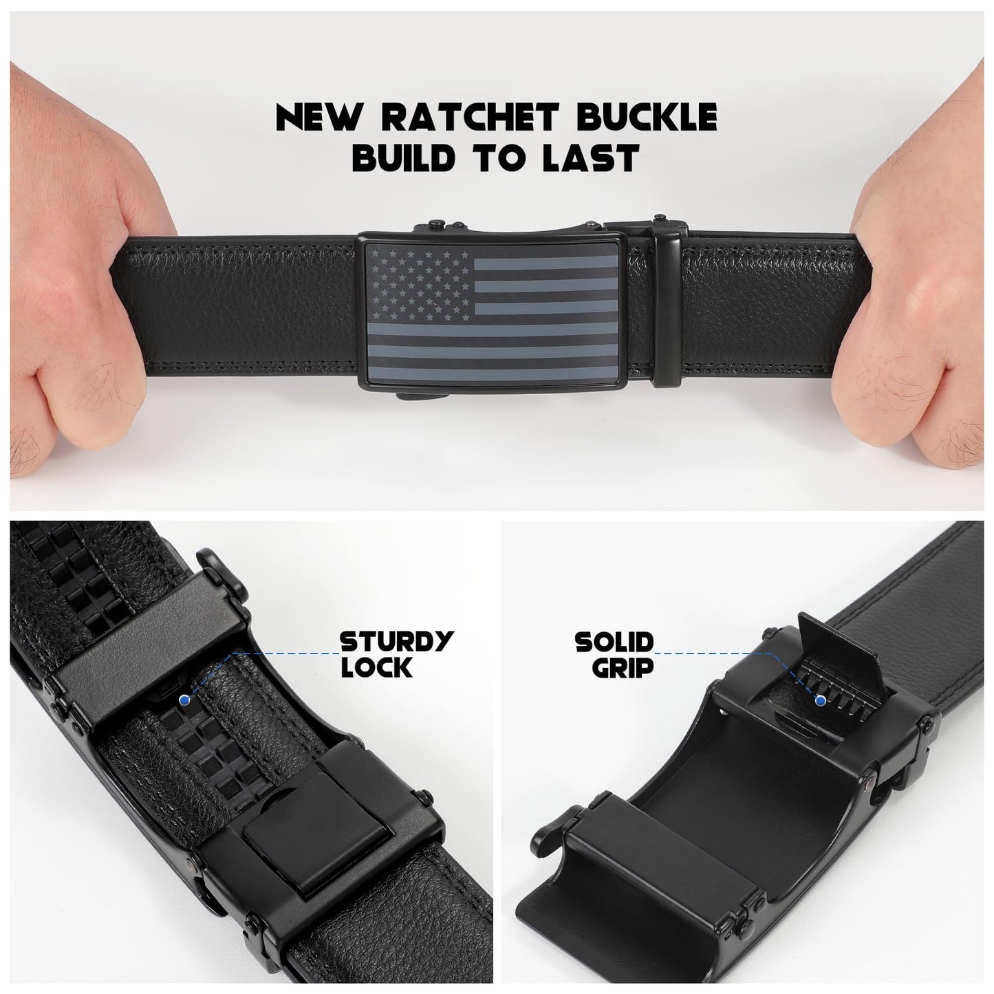 SANSTHS Mens Leather Belts Ratchet Black Dress Belt for Men with Automatic Slide Buckle Everyday Jeans Gift Belt for Him