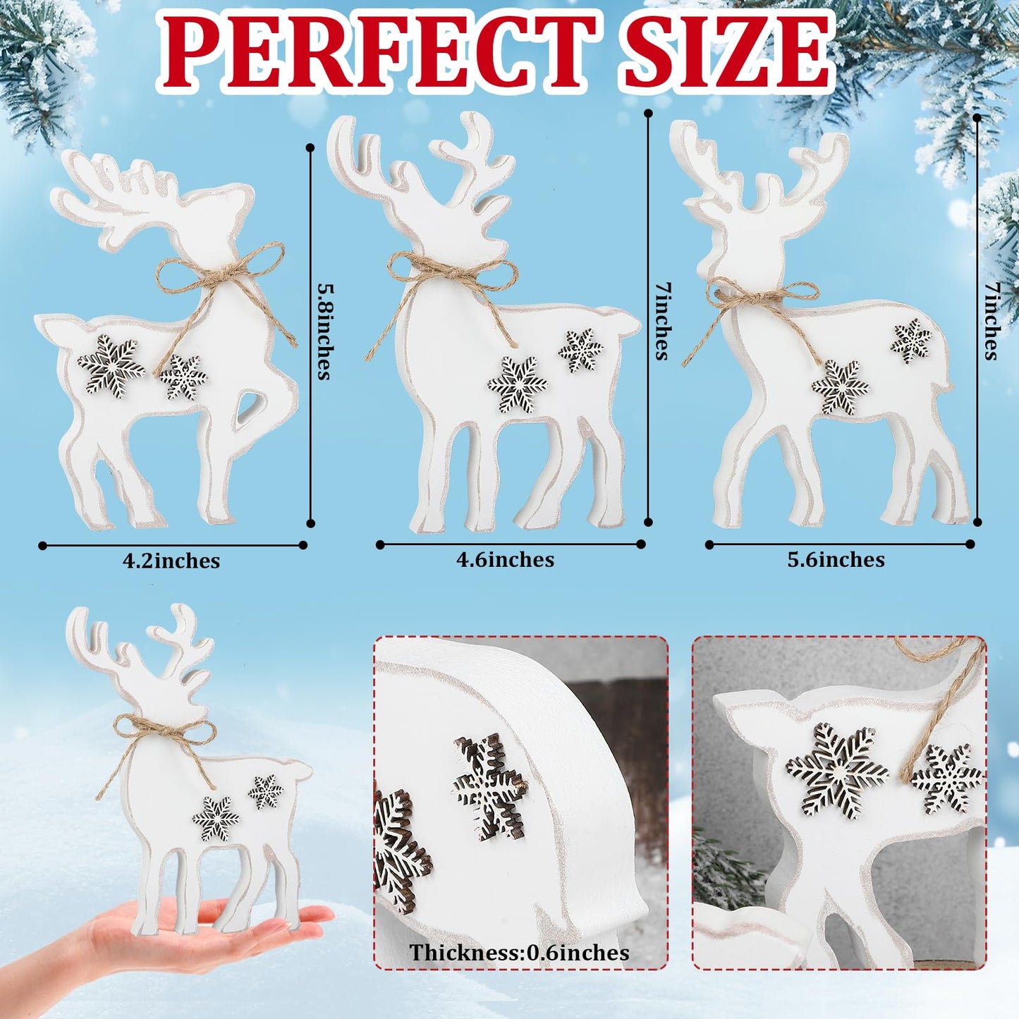 3Pcs Cute Christmas Tiered Tray Decor Indoor, Wooden Farmhouse Reindeer Christmas Tabletop Decorations Xmas Centerpiece, Rustic Reindeer Sign Standing Elk Decor for Home Shelf (White)
