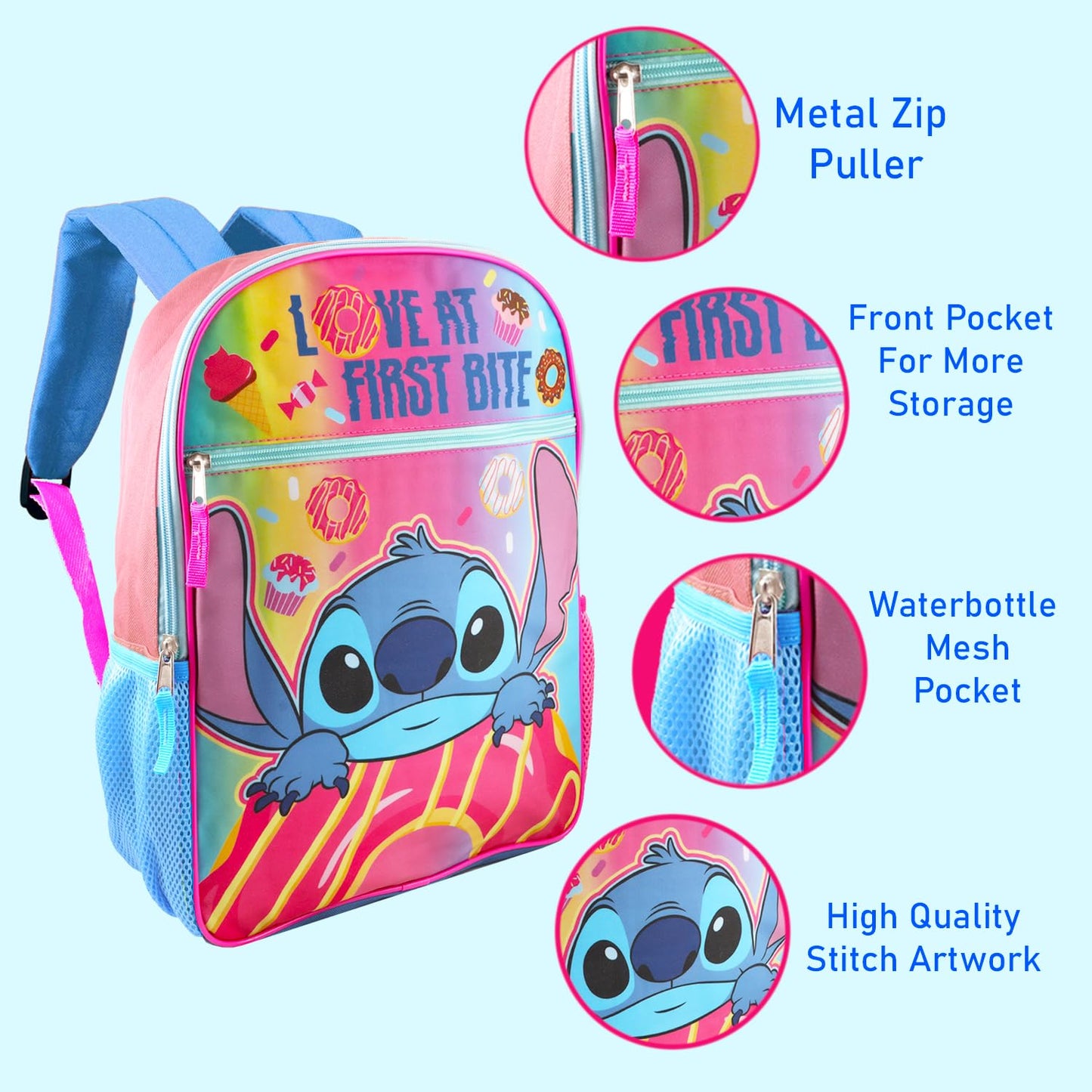 Disney Stitch Backpack for Kids Set - Bundle with 16" Backpack, Folders, Notebook, Water Bottle, Stickers, More | Stitch School Supplies for Boys, Girls