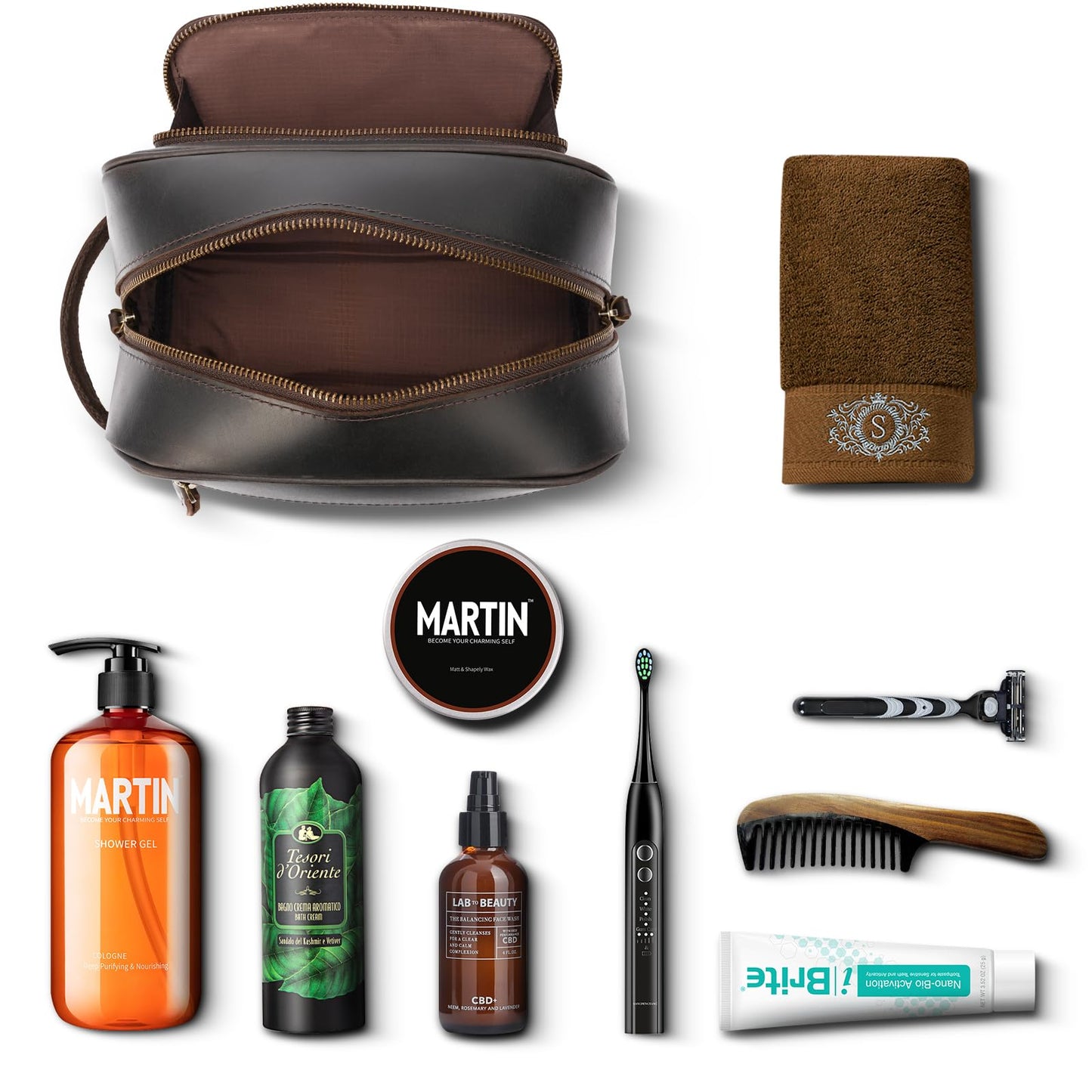 Polare Vintage Full Grain Leather Handmade Travel Toiletry Bag for Men - Dopp Kit - Shaving Kit with YKK Metal Zippers A-Dark Brown