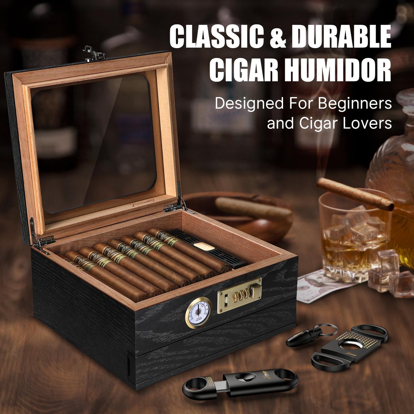 Tesonway Cigar Humidor, Cedar Wood Humidor Cigar Box, Glass Top Desktop Humidor with Front Hygrometer, Humidifier, Divider, Accessories Drawer and Combination Lock, Cigar Gifts for Men (Black)
