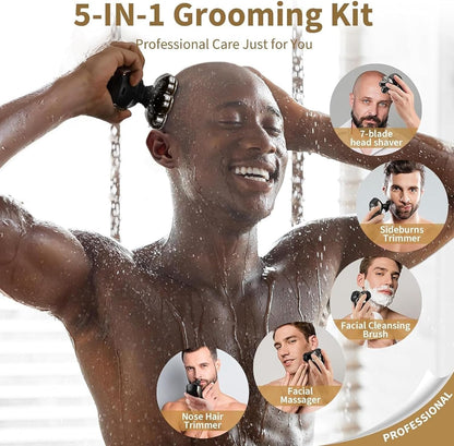 SHPAVVER Head Shavers for Bald Men: 5-in-1 Detachable Electric Razor - IPX7 Waterproof Wet Dry Shaving for Balder - LED Display & Precision Blades Rotary Shavers (Deep Black)