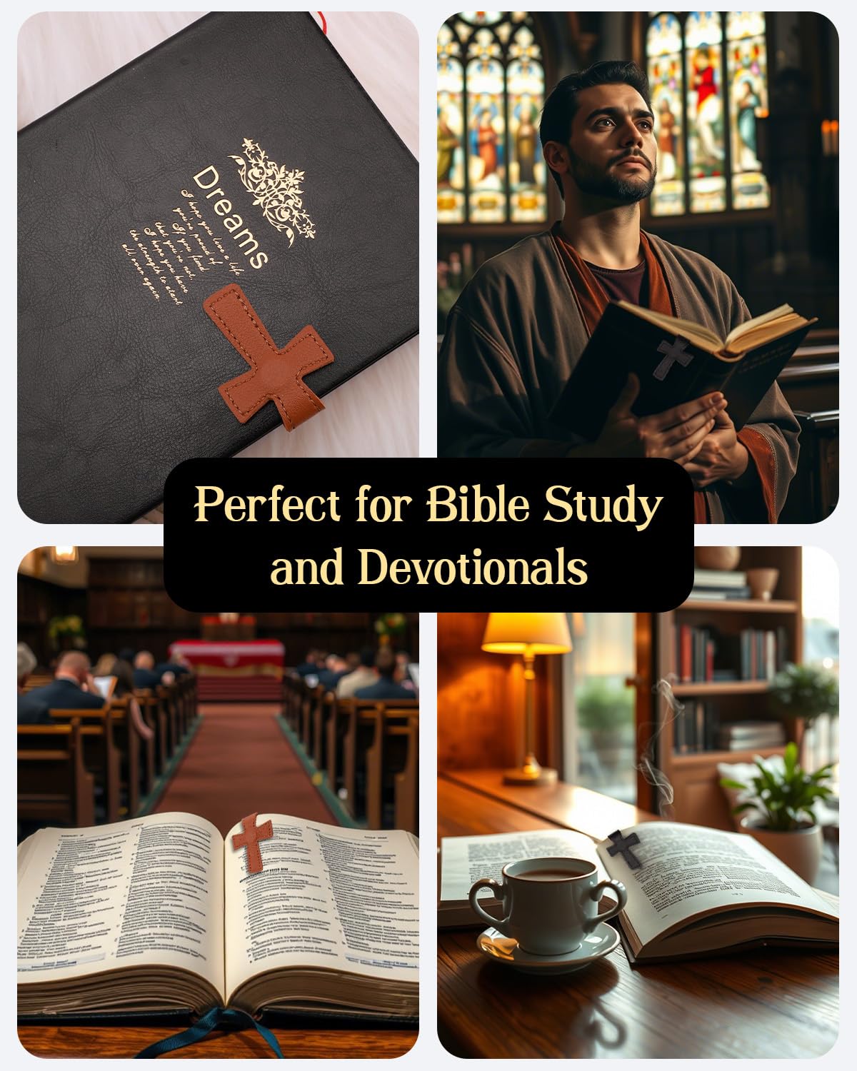 2 Pcs Bible Magnetic Bookmarks - Easter Verse Cross Christian Leather Bookmark for Women & Men, Double-Sided Magnetic Page Clips, Religious Gift for Easter Readers Father's Day Gift (Black+Brown)