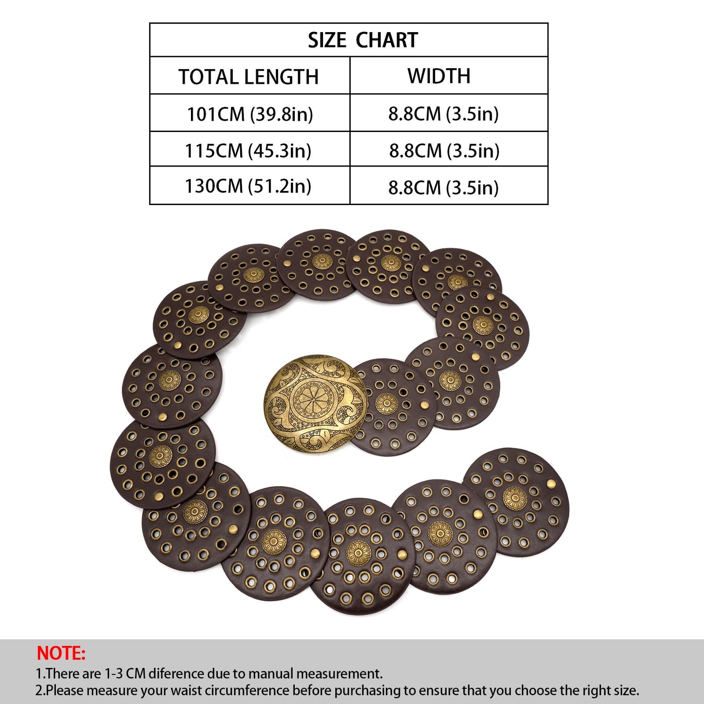 WULIQIUQIU Wide Disc Belt for Women Boho Concho Leather Belts Vintage Western Waist Belt 101CM Coffee