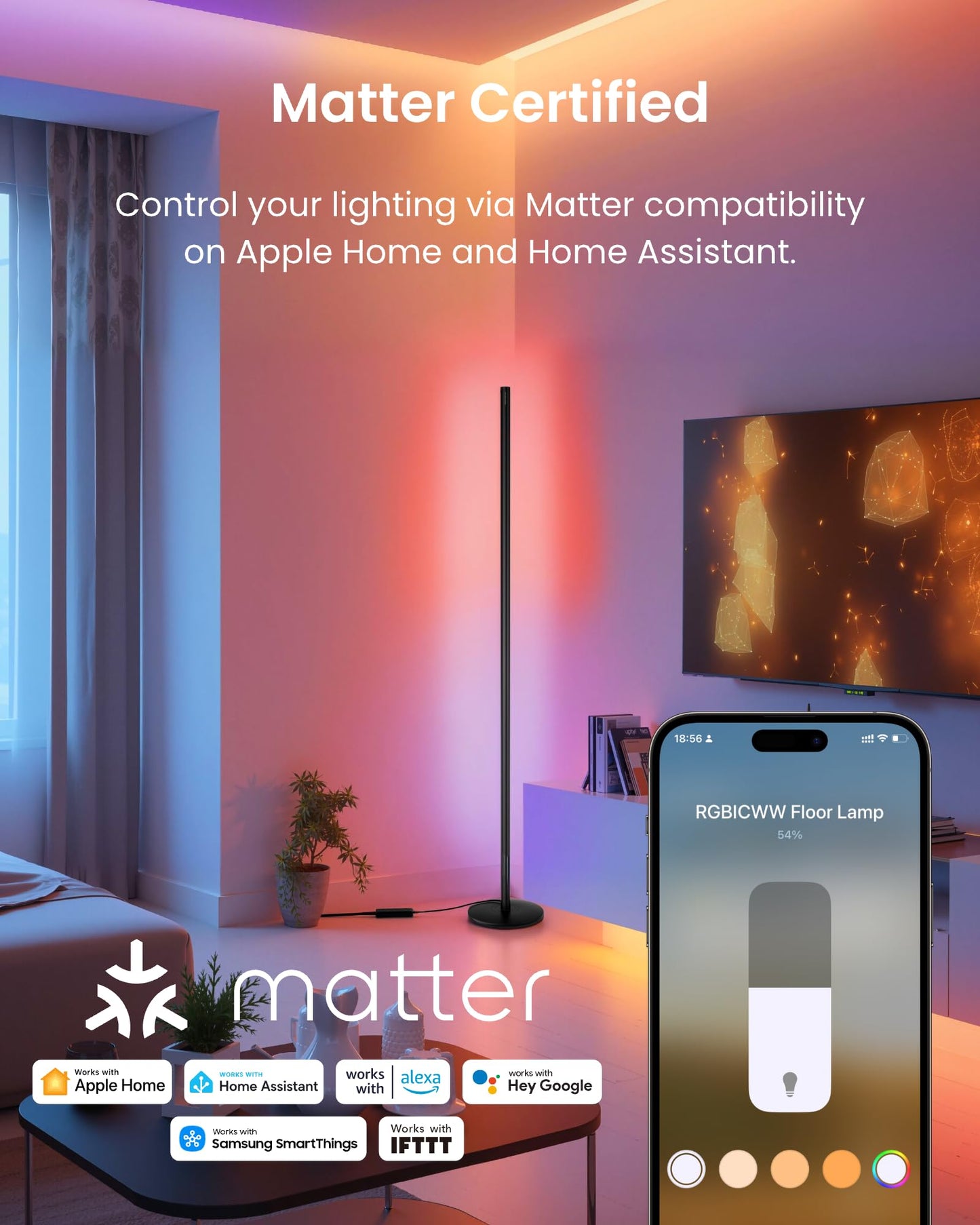 SwitchBot Smart Floor Lamp RGBICWW Voice/App Controlled Works with Alexa, Apple Home & Google, Matter, Warm & Cool White, 1200lm Music Sync, Lamp for Living Room for Bedroom — Christmas/Holiday décor