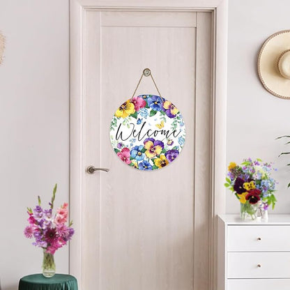 Welcome Spring Summer Floral Flowers Front Door Sign, Pansy Forget Me Not Wood Door Hanger Outdoor Outside Porch Decor, Butterfly Seasonal Wooden Wreath Indoor Wall Hanging Decoration