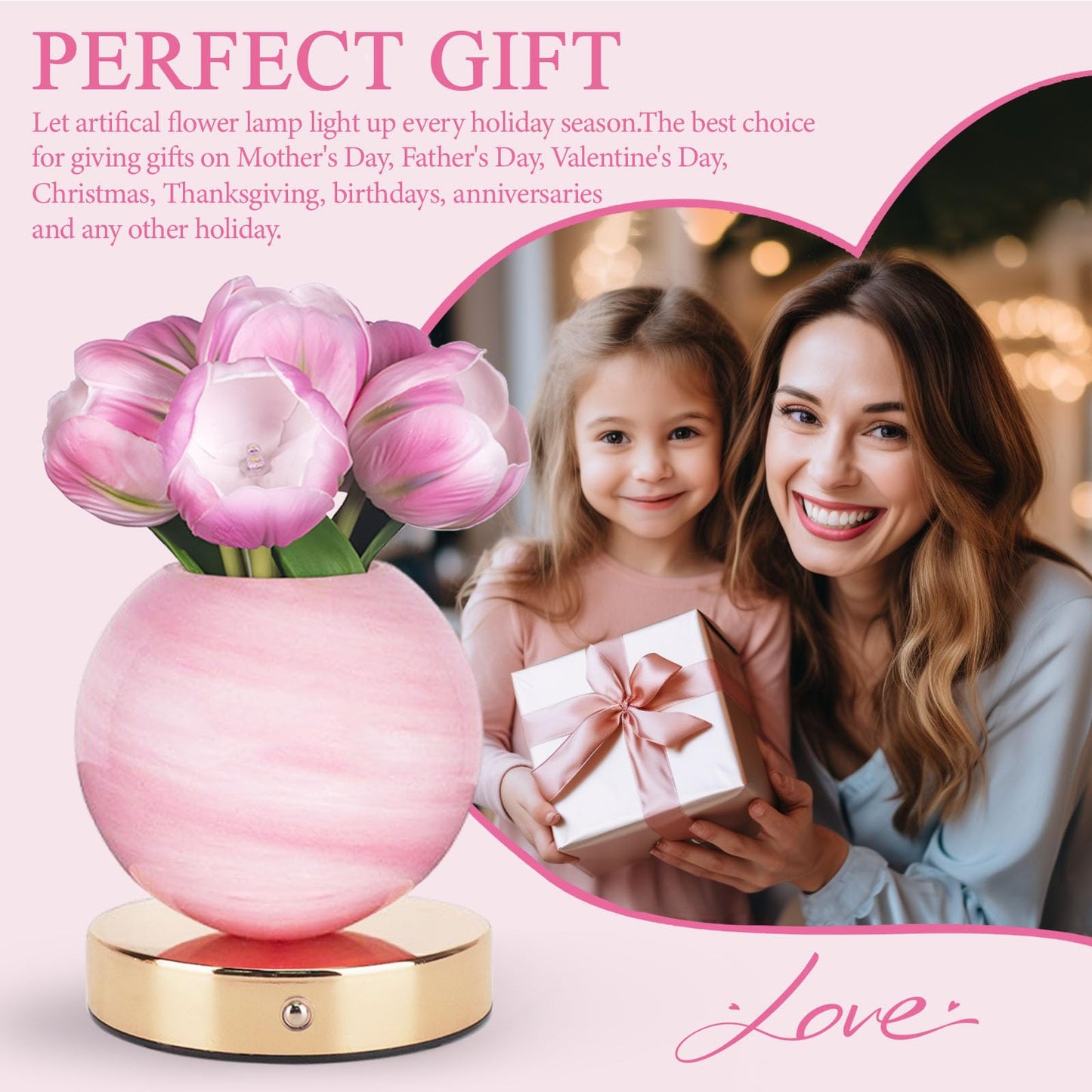 Strackvial Tulip Table Lamp, Rechargeable Cordless Touch Dimming Artificial Tulip Flower Desk Lamp, LED Flower Bedside Night Light Romantic Gifts for Girl Women Mom (Pink Tulip)