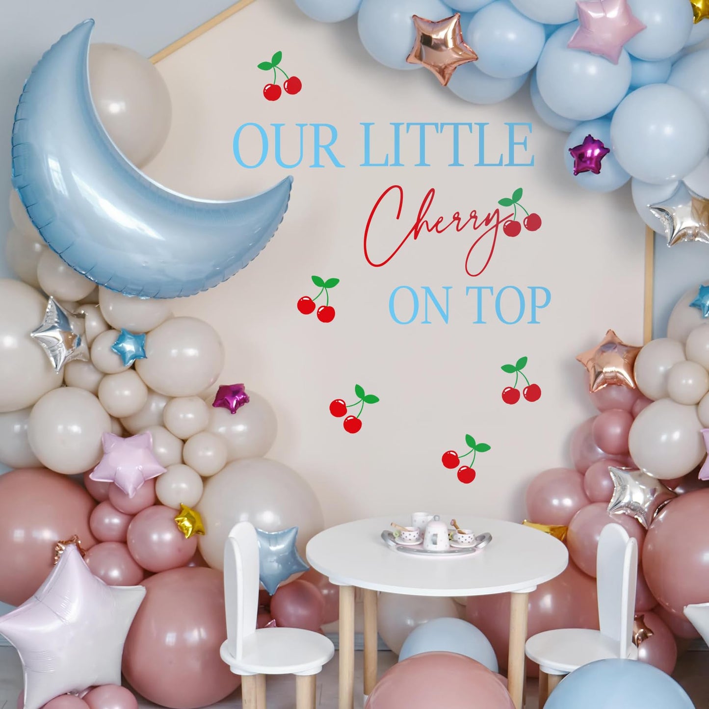 FYSUIMU Our Little Cherry On Top Decal Cherries Backdrop Decorations Party Stickers Red Blue Welcome Sign Decal for Balloon Arch Wedding Baby Shower Birthday