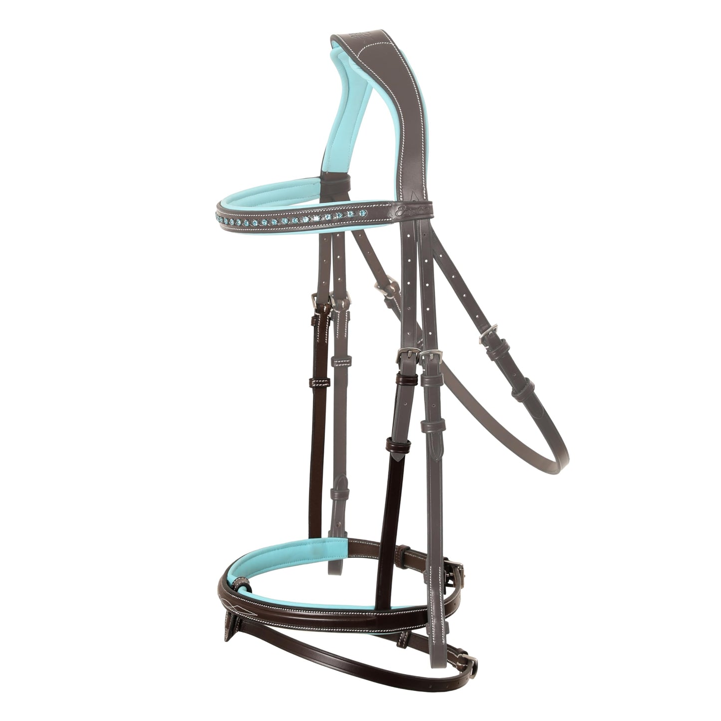ExionPro Anatomical English Horse Bridle with Blue Crystal Bling Browband- Baby Blue Padded Jumping Bridle with Flash Noseband & Rubber Reins- Comfort Crown - Black or Havana Brown - Full
